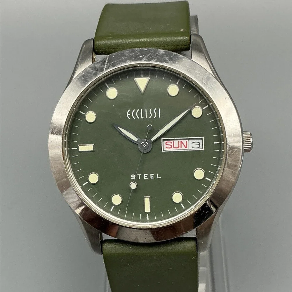 Ecclissi Women Watch 35mm Green Dial Silicone Day Date Stainless New Battery